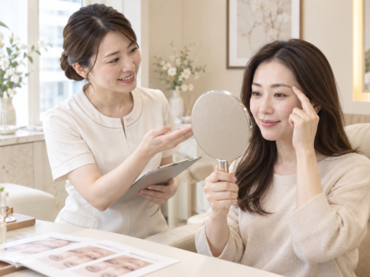眉の医療アートメイクについて説明を受ける女性