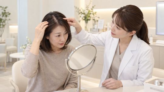 清潔感のある美容クリニックのカウンセリングルーム。40〜50代の日本人女性が鏡を見ながら分け目の地肌を確認し、白衣を着た女性医療従事者が頭皮の状態について穏やかに説明している。薄毛を過度に強調せず、分け目の地肌が自然に見える程度。医療従事者は頭皮を指し示しながら説明している。白とベージュを基調とした明るく落ち着いた院内。信頼感があり自然なフォトリアル写真。注射針、血液、傷、施術中の描写、文字は入れない。横長16:9。
