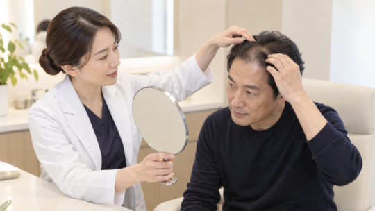 頭皮アートメイクの施術範囲について医療従事者に相談する男性