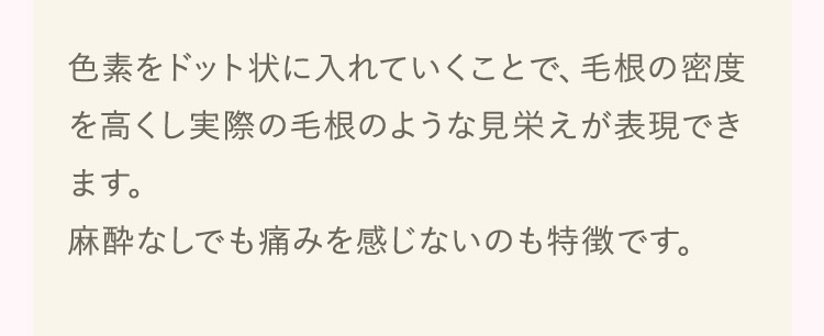 色素をドット状に入れていくことで、毛根の密度を高くし実際の毛根のような見栄えが表現できます。 麻酔なしでも痛みを感じないのも特徴です。