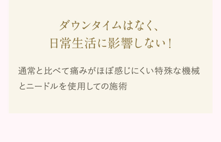 ダウンタイムはなく、日常生活に影響しない！ 通常と比べて痛みがほぼ感じにくい特殊な機械とニードルを使用しての施術