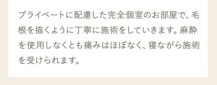 プライベートに配慮した完全個室のお部屋で、毛根を描くように丁寧に施術をしていきます。麻酔を使用しなくとも痛みはほぼなく、寝ながら施術を受けられます。