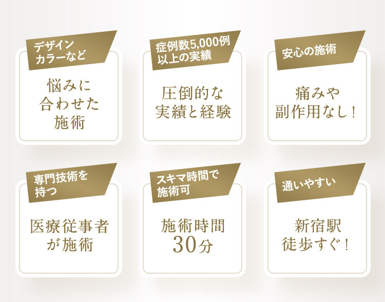 デザイン カラーなど 悩みに合わせた施術 症例数 1,000例以上の実績 圧倒的な実績と経験 安心の施術 痛みや副作用なし! 専門技術を持つ 医療從事者が施術 スキマ時間で施術可 施術時間30分 通いやすい 新宿駅 徒歩すぐ!
