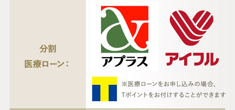 分割 医療ローン:支払回数12回まで手数料なし※医療ローンをお申し込みの場合、Tポイントをお付けすることができます
