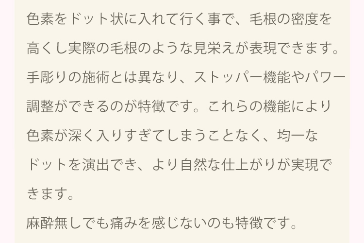 色素をドット状に入れていくことで、毛根の密度を高くし実際の毛根のような見栄えが表現できます。 麻酔なしでも痛みを感じないのも特徴です。