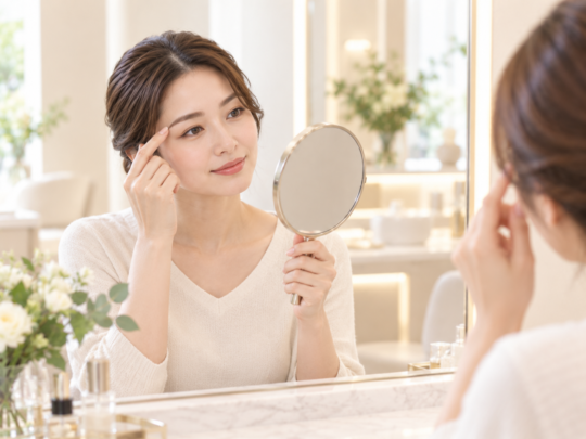 鏡を見ながら自分の眉の形を確認する女性