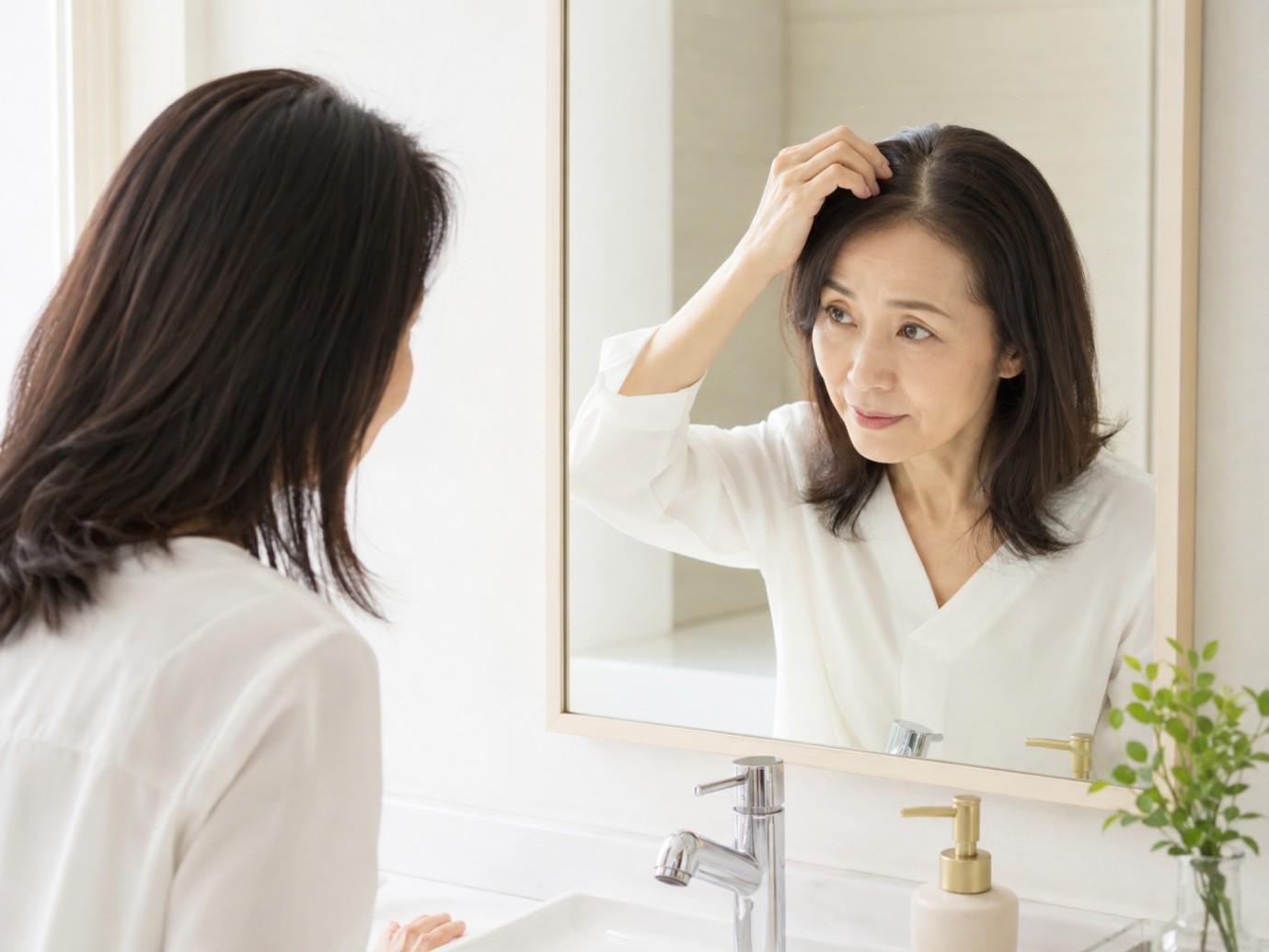 鏡を見ながら分け目や頭皮の状態を確認する女性