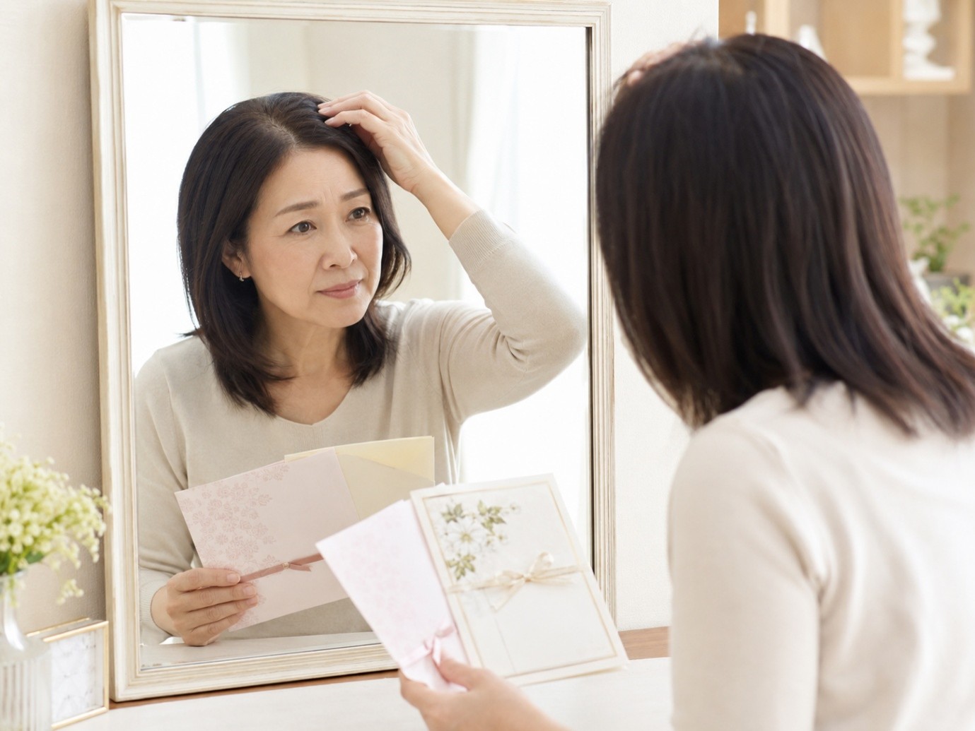 鏡を見ながら分け目や髪の状態を確認する女性