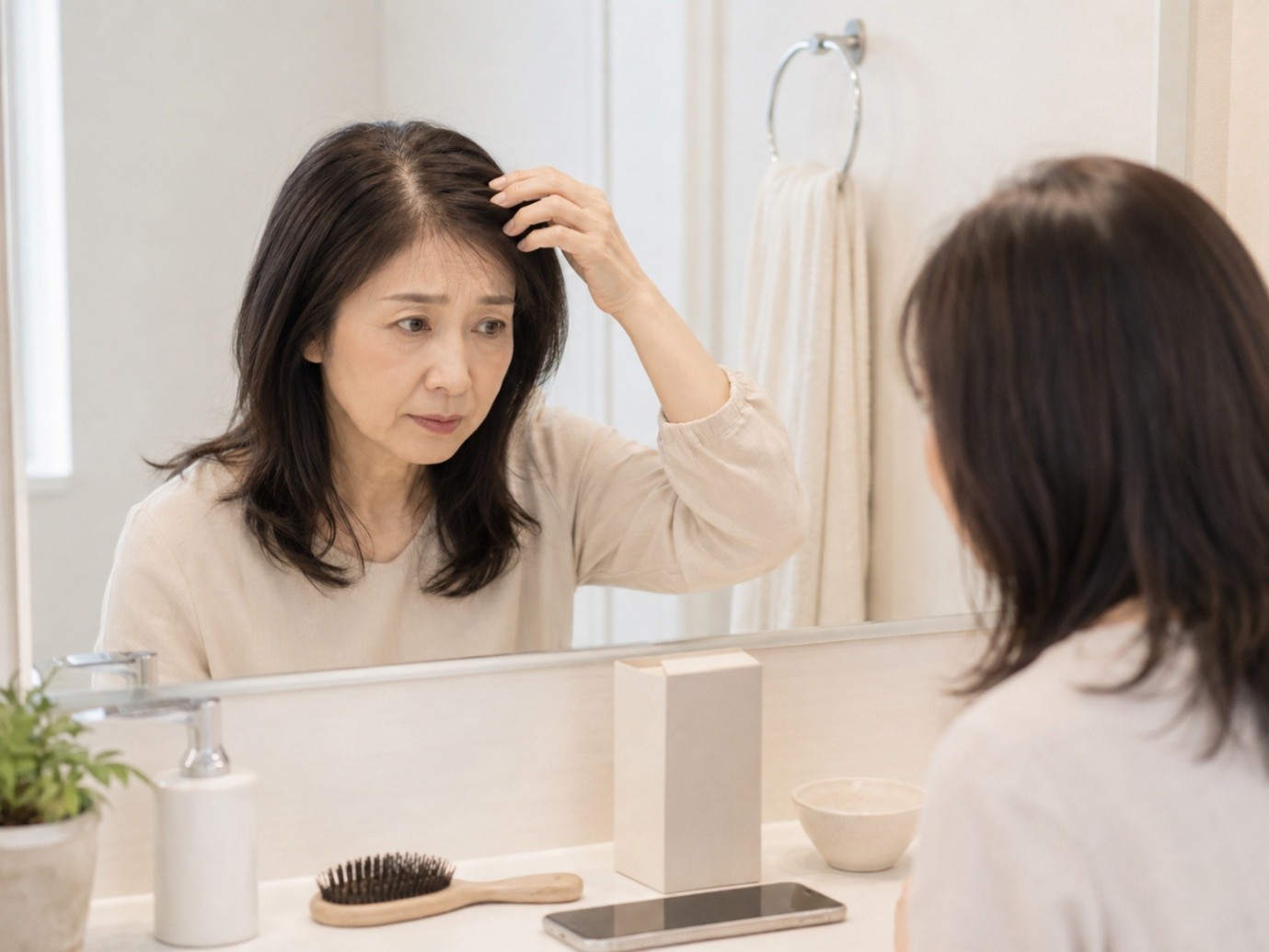 鏡で分け目や頭皮の状態を確認する女性