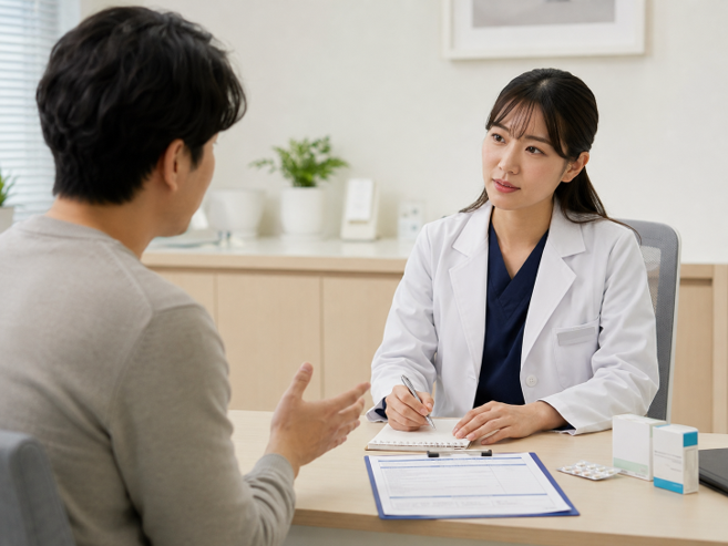薄毛治療薬について医療従事者に相談する男性のカウンセリング風景