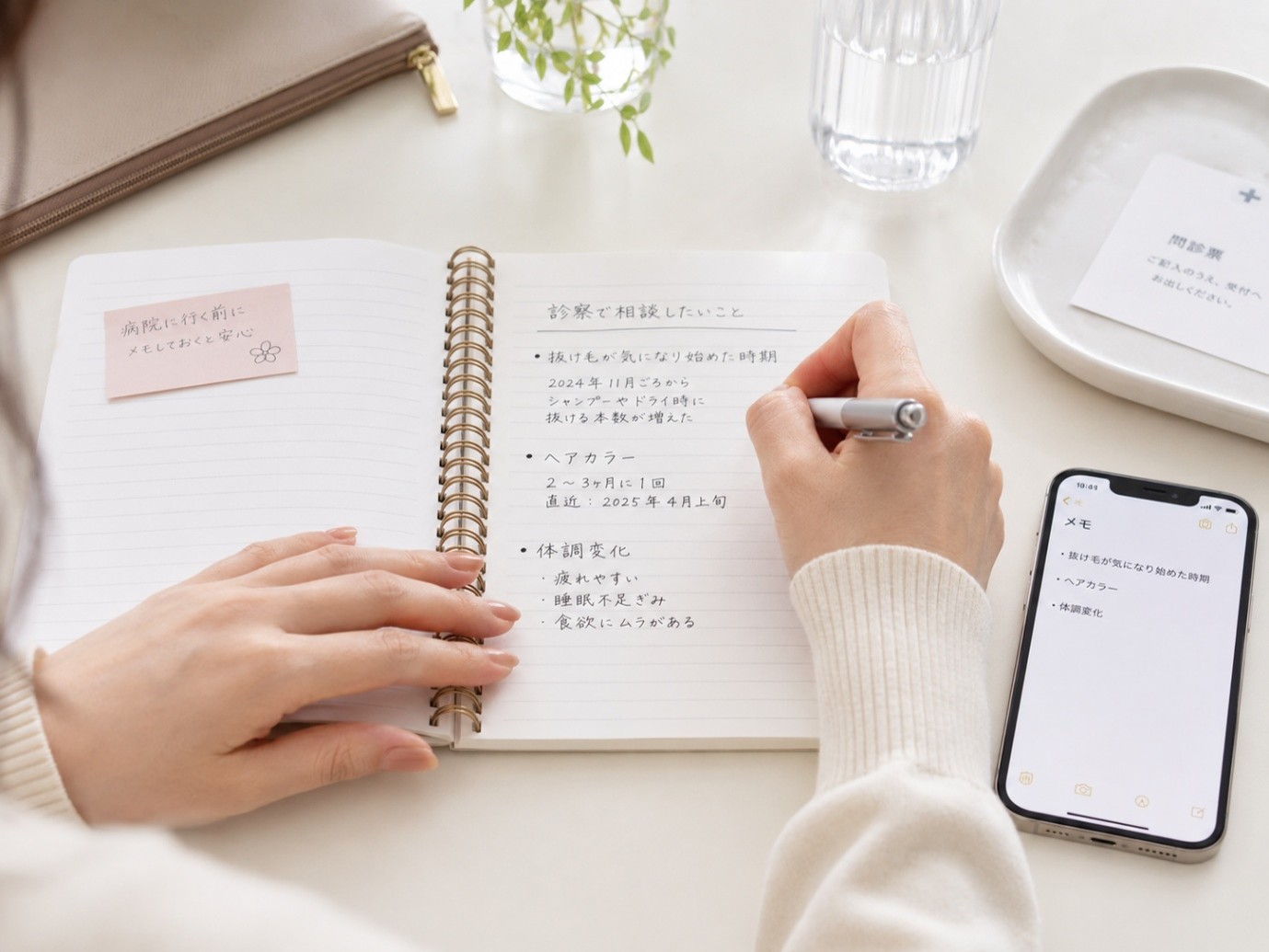 分け目や抜け毛の変化を記録するため、手帳とスマートフォンを確認する様子