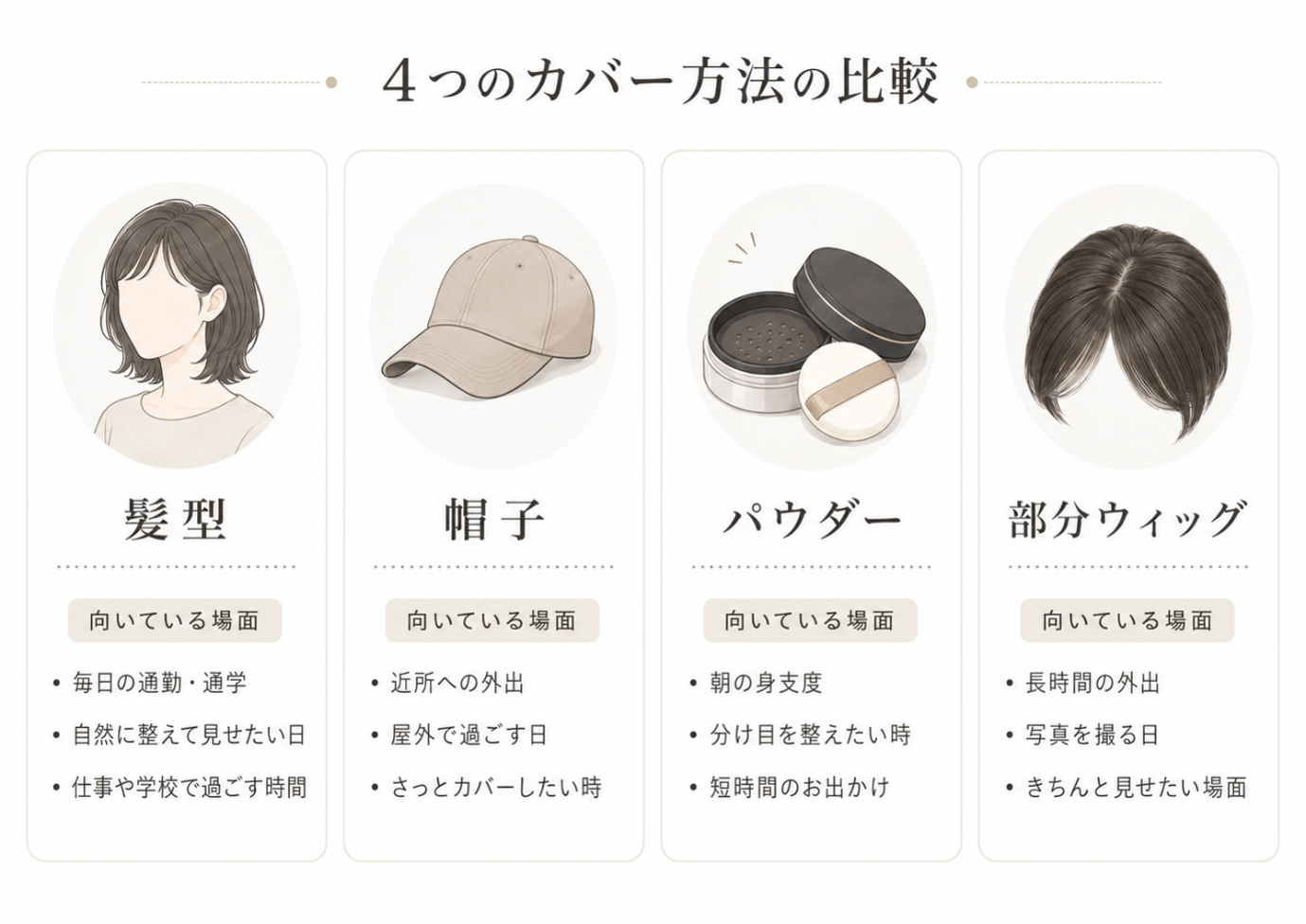 円形脱毛症の見た目をカバーする髪型・帽子・パウダー・部分ウィッグの比較イメージ