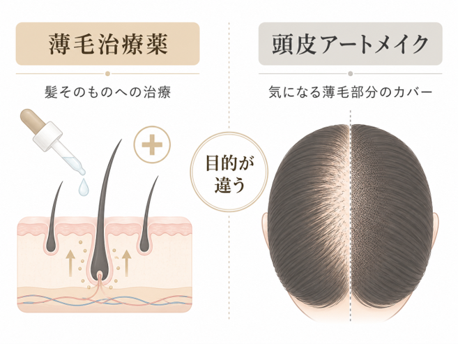 薄毛治療薬と頭皮アートメイクの目的の違いを示す比較イメージ