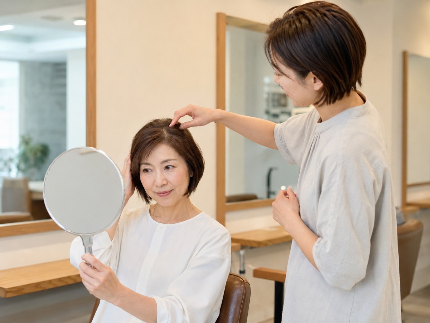 美容室で鏡を見ながら分け目や髪型を確認してもらう女性