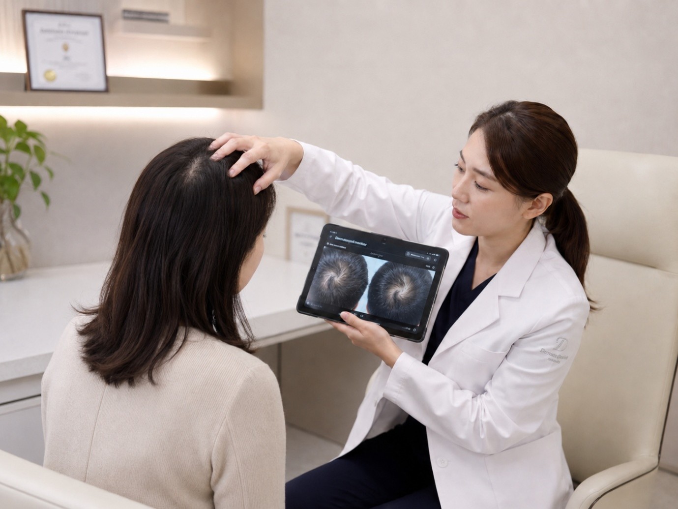 医師が女性のつむじや頭皮の状態を確認しながら症例画像で説明するカウンセリング風景