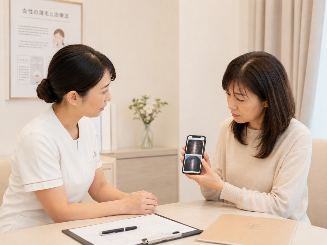 気になる分け目の写真をスマートフォンで見せながら相談する女性
