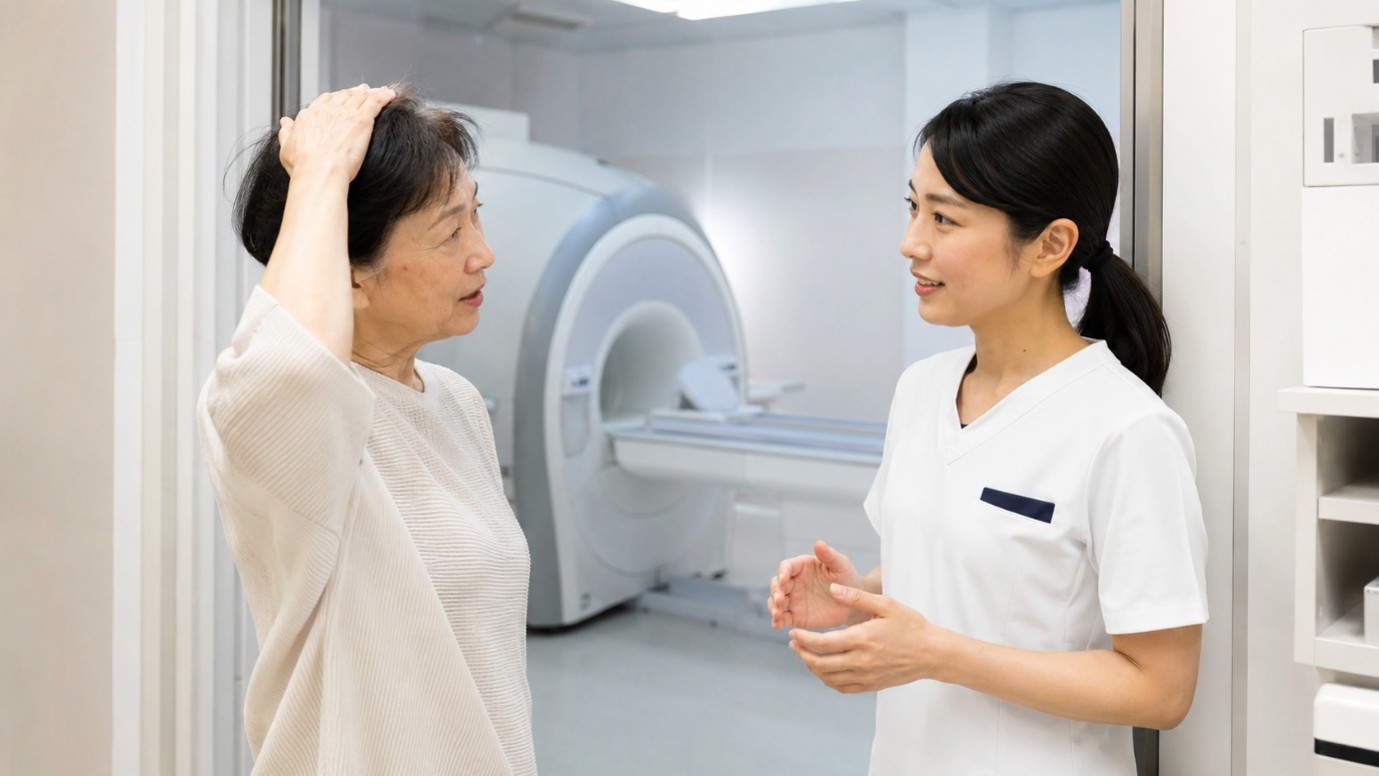 MRI検査室で頭皮アートメイクについて医療従事者に相談する女性