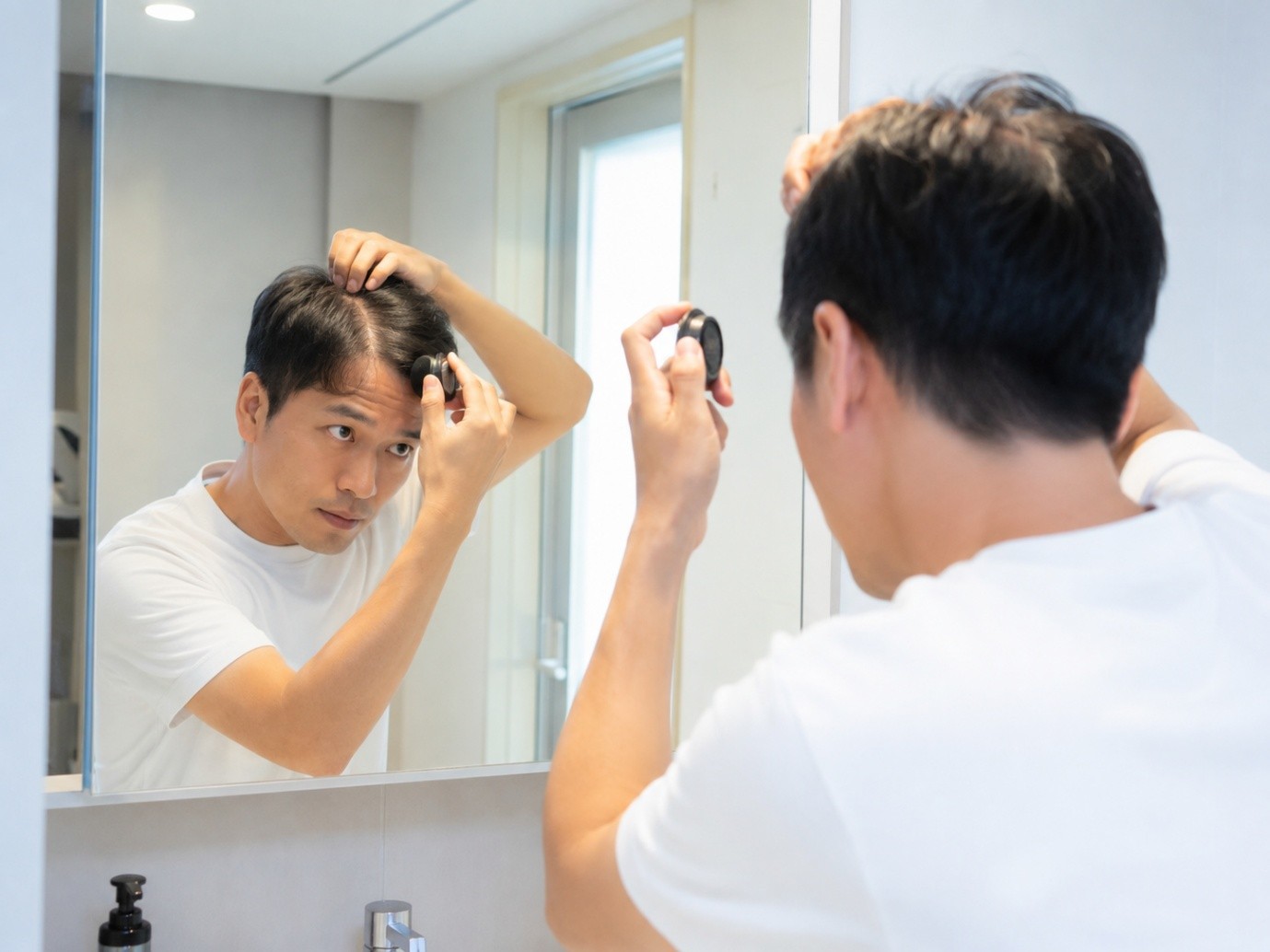 頭皮の傷跡を目立ちにくくするため髪型や分け目を整える男性