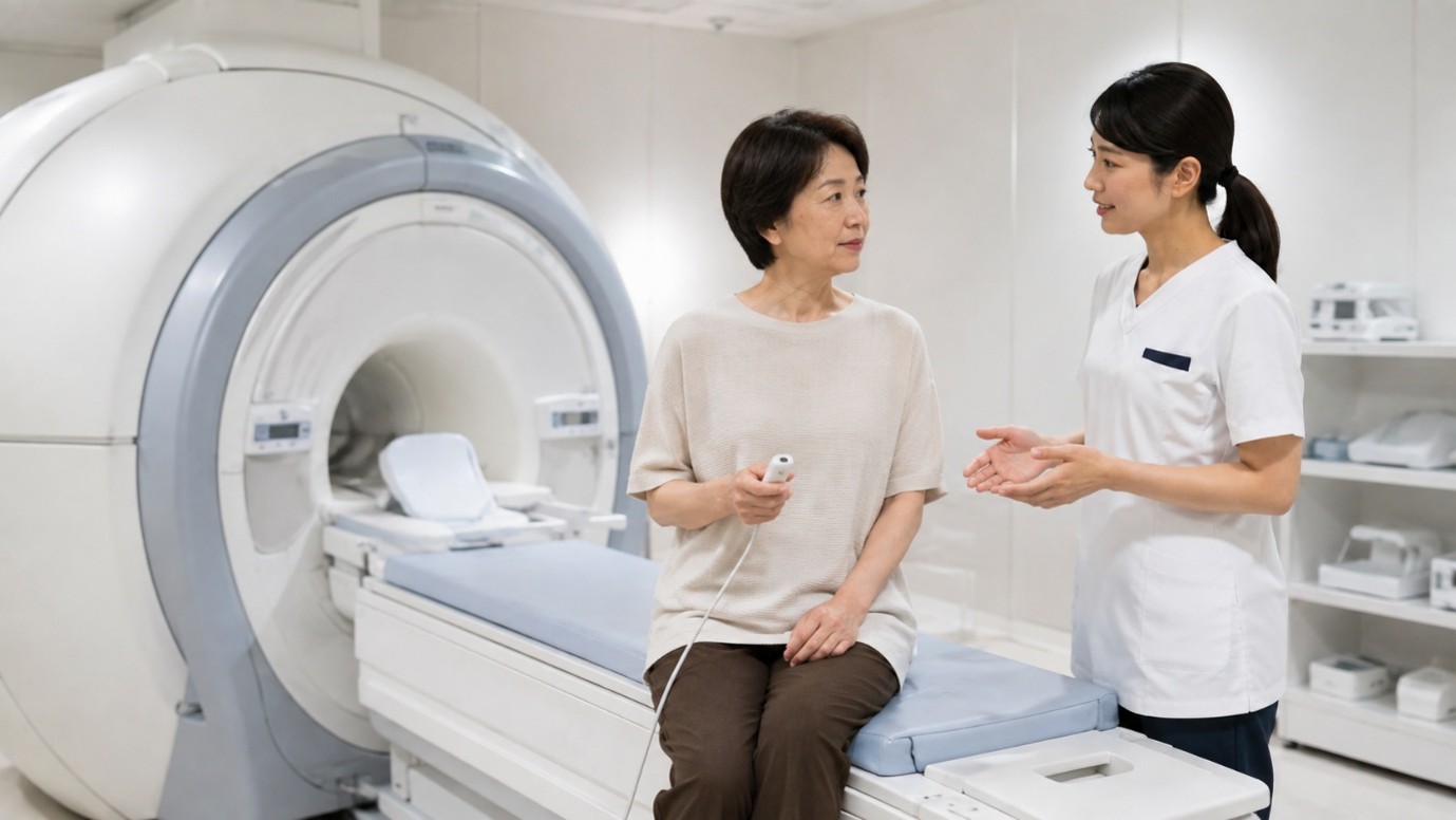 MRI検査室で医療従事者から検査時の注意点について説明を受ける女性