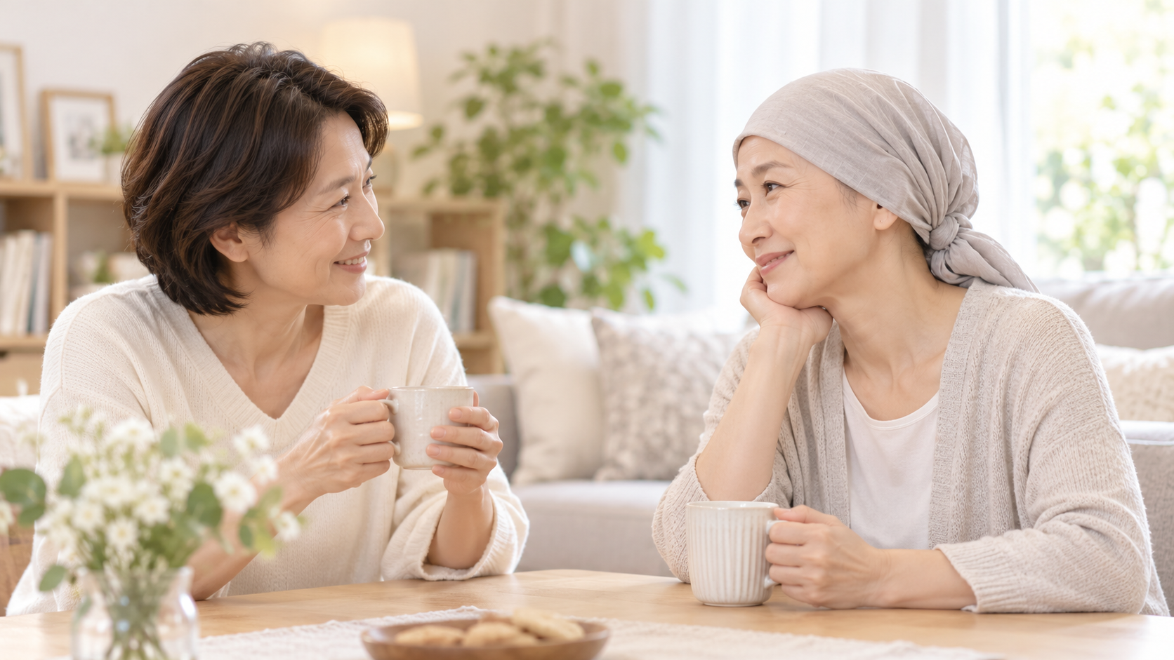 スカーフを着用した女性が家族と穏やかに会話をしている様子