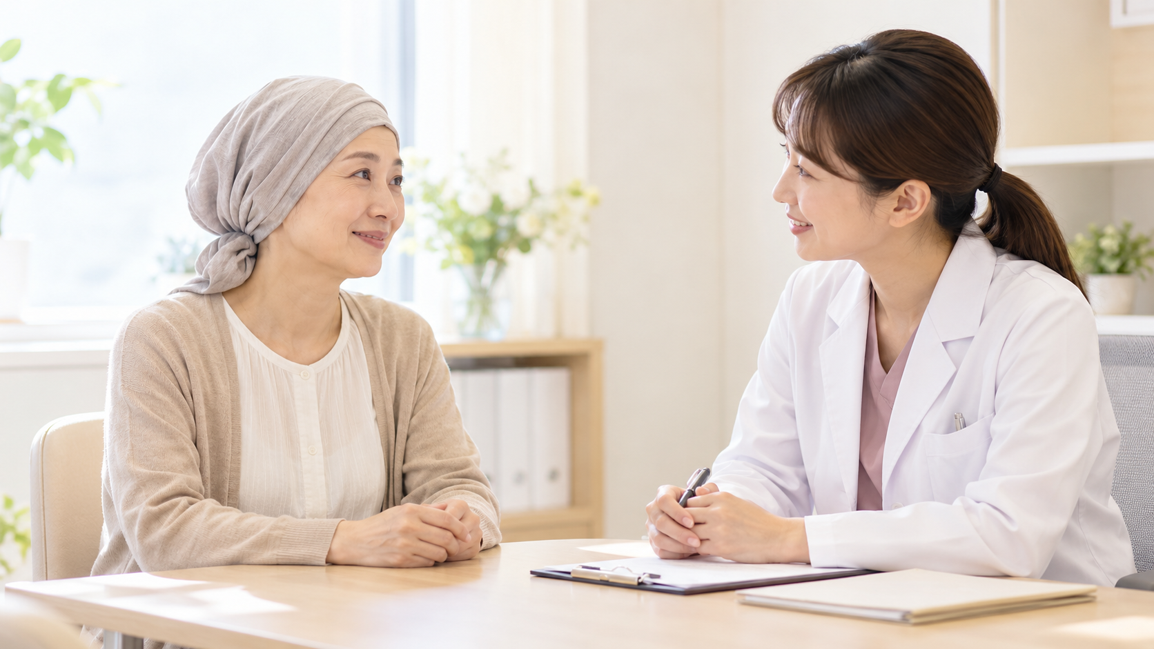 がん治療に伴う脱毛について医療者に相談する女性
