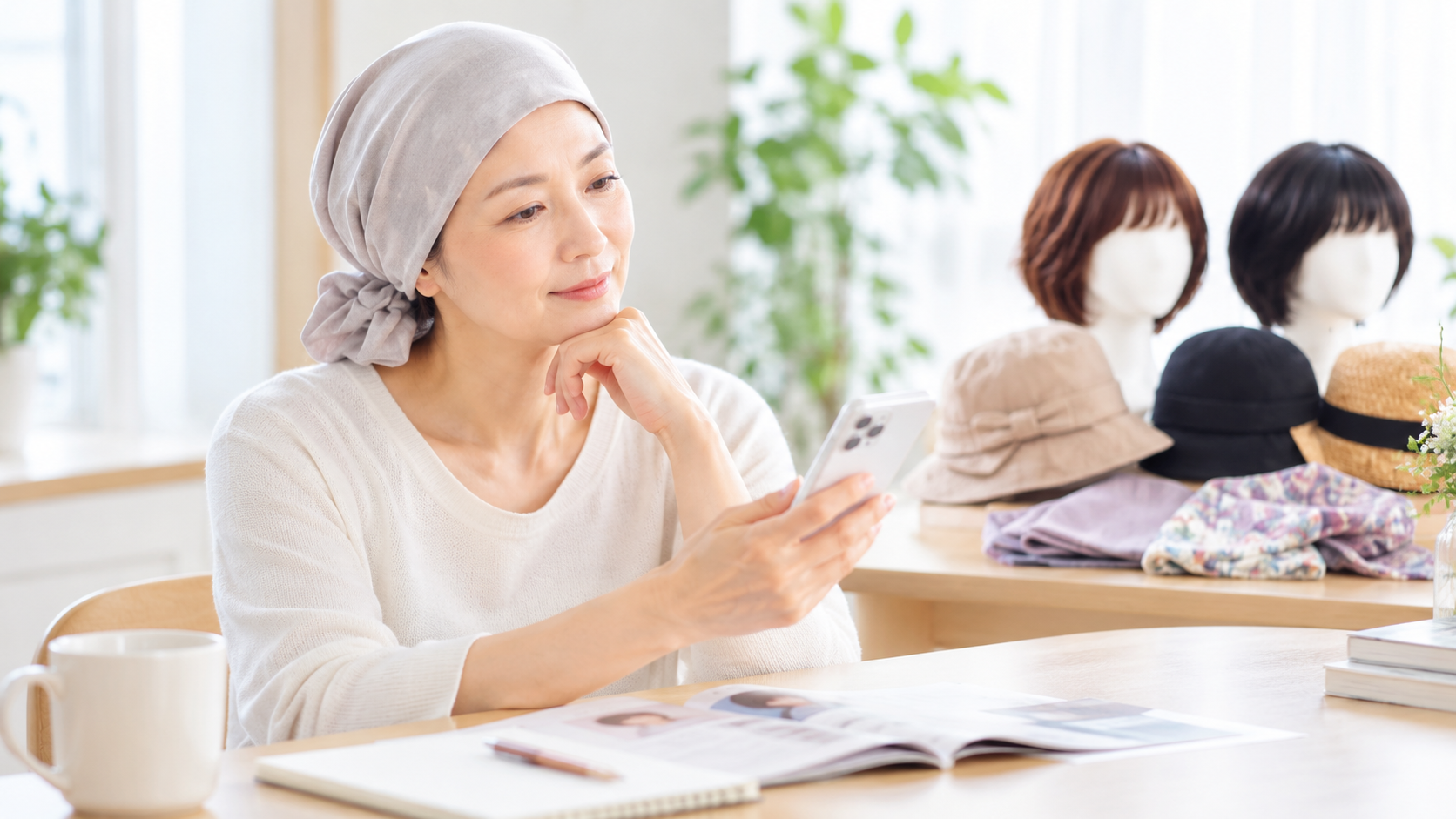 スカーフを着用した女性がウィッグや帽子を選ぶ様子
